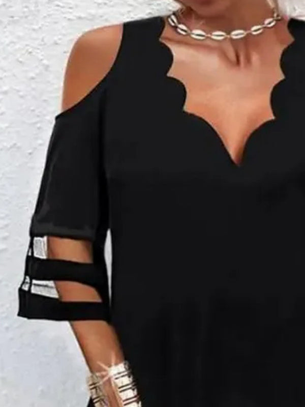 Half Sleeves Loose See-through Color Split-joint Cold Shoulder Mini Dresses