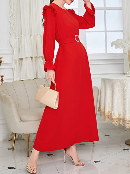 Ruffle Sleeves Belted Color Round-neck Maxi Dresses