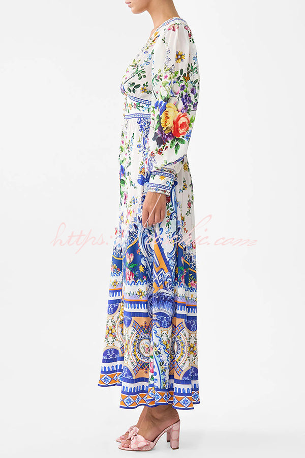 Fairy Tale Print V-neck Lantern Sleeve Waist Maxi Dress