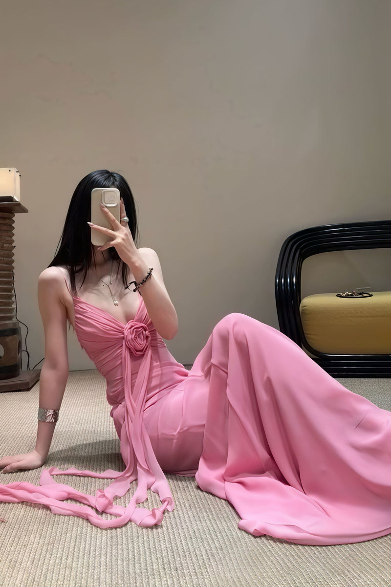 3d Rose Flowy Spaghetti Strap Backless Maxi Dress