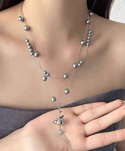 Grey Copper Alloy Double-layer Pearl Spaceship Pendant Necklace