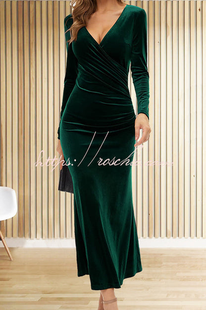 Color Velvet Long Sleeve V-neck Slim Fit Fishtail Maxi Dress