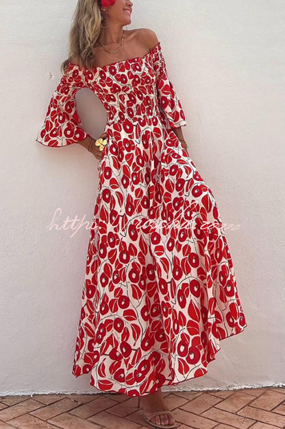 Close to the Vacation Print Smocked Off Shoulder Pocketed Maxi Dress