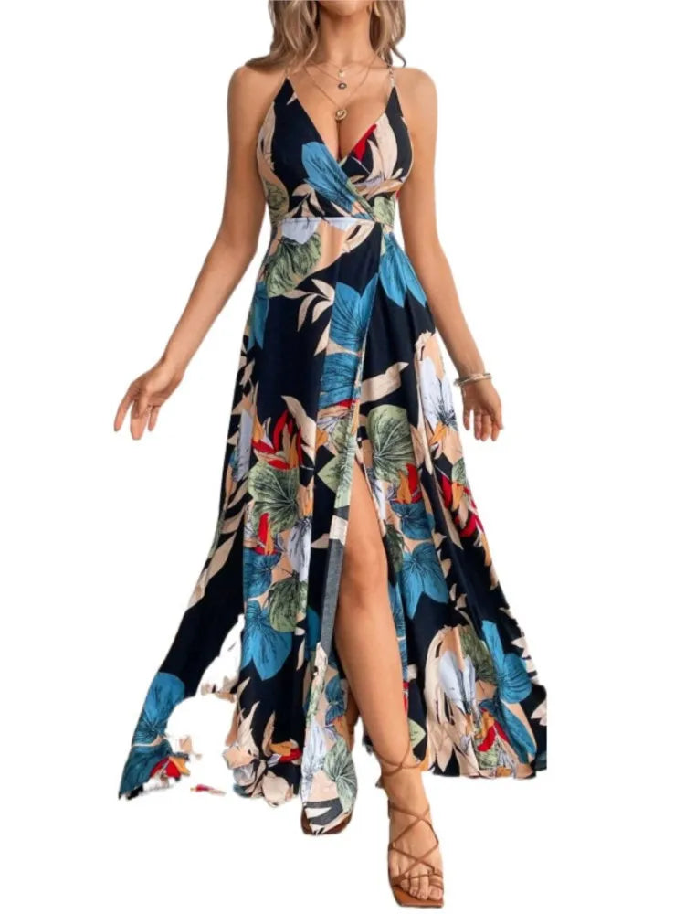 Flower Print Spaghetti Strap Dresses V-neck Backless Slit Long Dress Style Vacation Beach Vestidos