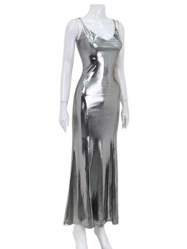 Sleeveless Shiny Color Split-joint Spaghetti-neck Maxi Dresses