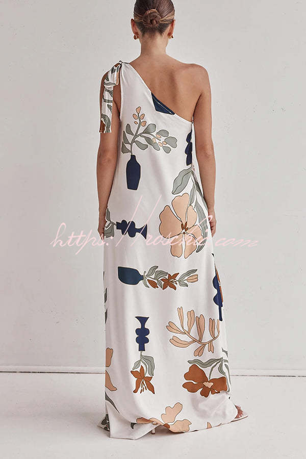 Matches the Vacation Unique Print One Shoulder Tie-up Pocketed Loose Maxi Dress