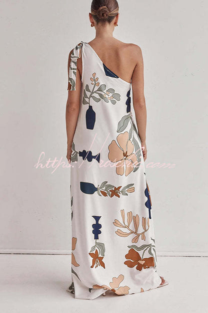 Matches the Vacation Unique Print One Shoulder Tie-up Pocketed Loose Maxi Dress