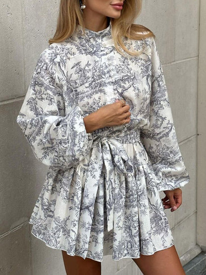 Loose Puff Sleeves Pleated Printed Split-joint Tied Waist Stand Collar Mini Dresses