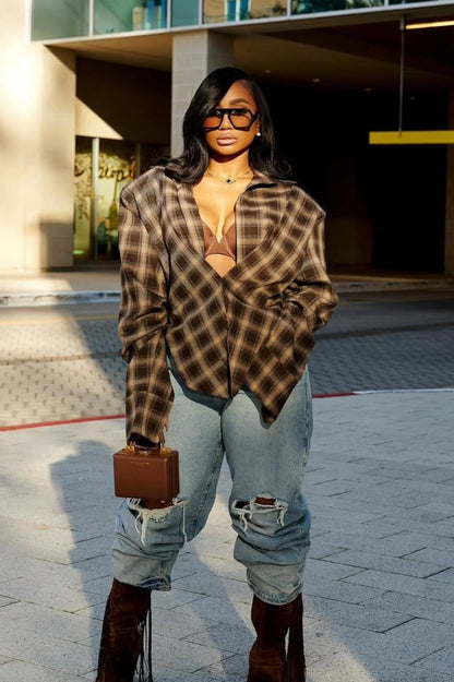 Plaid Collared Asymmetrical Loose Blouse