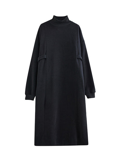 A-line Long Sleeves Color Mock Neck Midi Dresses