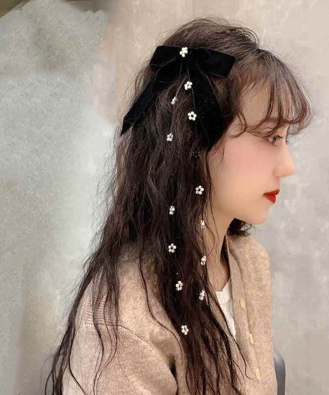 Black Silk Velour Bow Pearl Tassel Hairpin