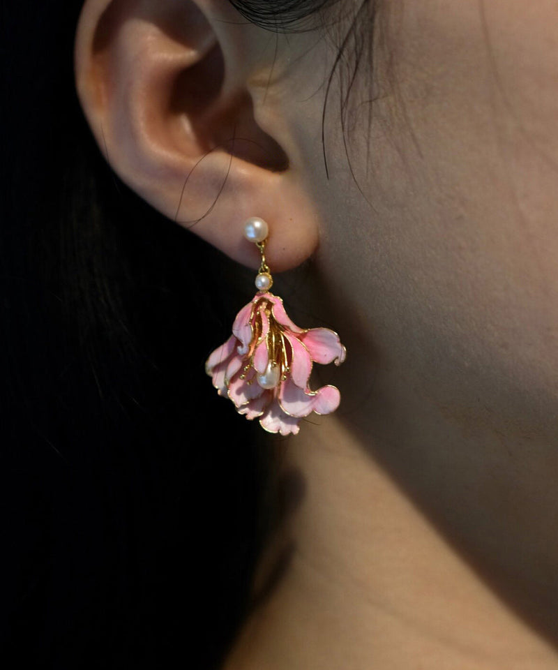 Pink Alloy Pearl Enamel Jade Orchid Drop Earrings