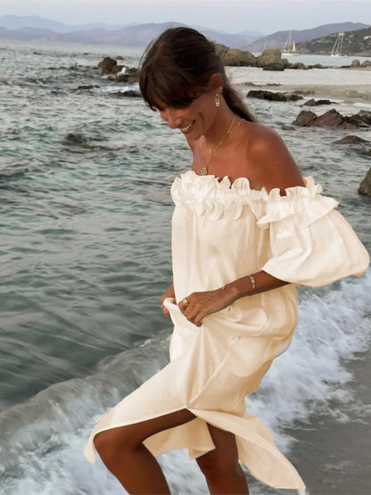 Summer Color Slit Long Dresses Off Shoulder Backless Loose Beach Vacation Dress Vestidos