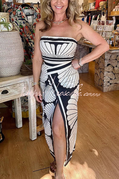 Shell Print Off-the-shoulder High Slit Slim Midi Dress