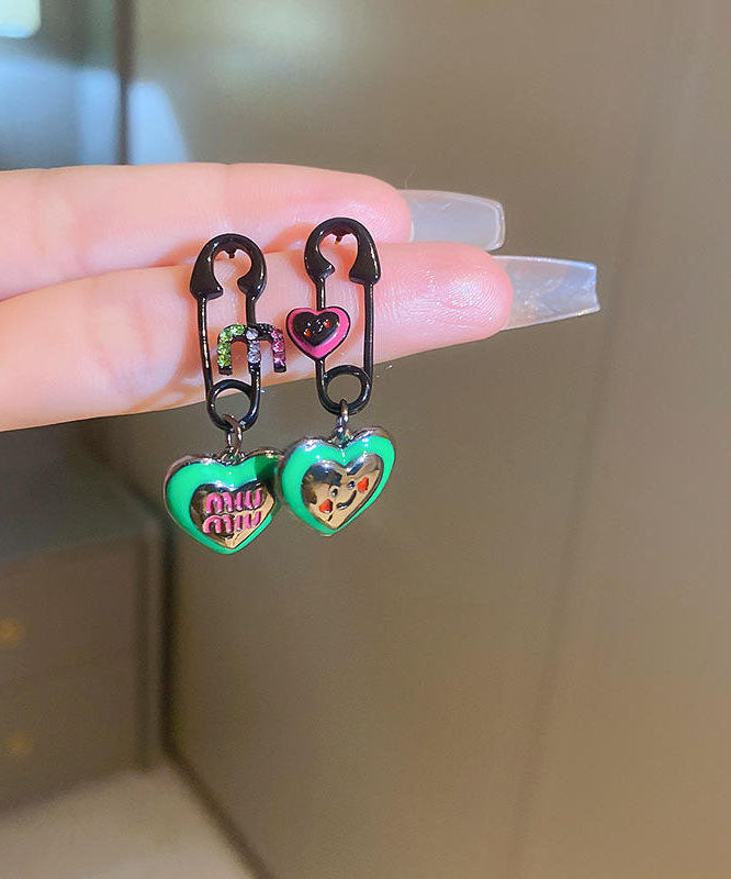 Green Alloy Zircon Graphic Love Drip Glaze Drop Earrings