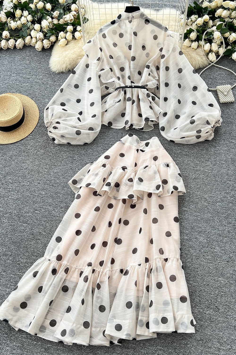 Polka Dot Blouse Mermaid Skirt Two Pieces Set