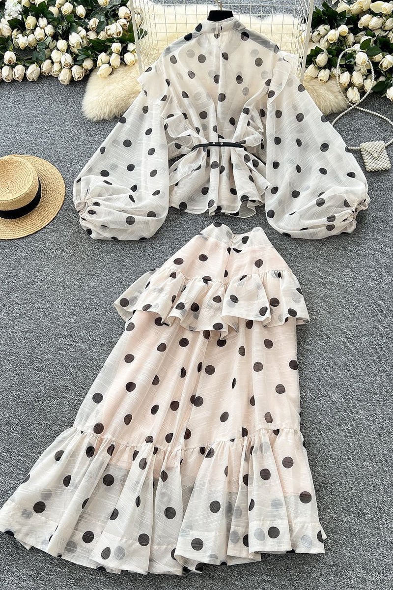 Polka Dot Blouse Mermaid Skirt Two Pieces Set