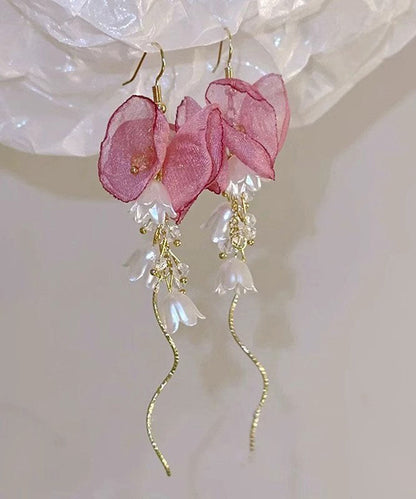 Gold Copper Zircon Pearl Bellflower Tassel Drop Earrings