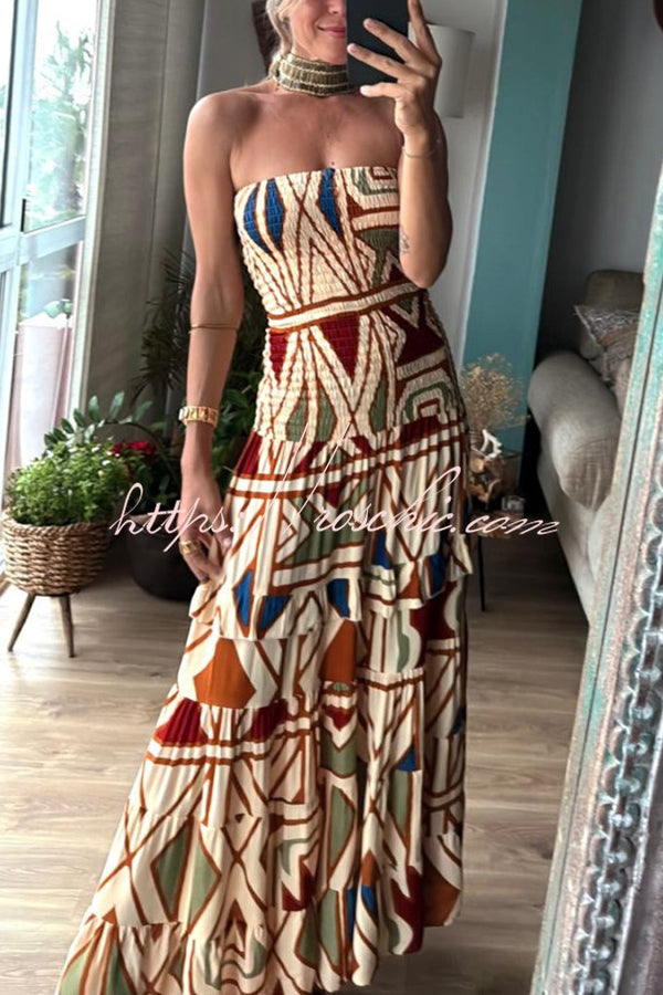 Style Unique Print Tube Top Pleated Maxi Dress
