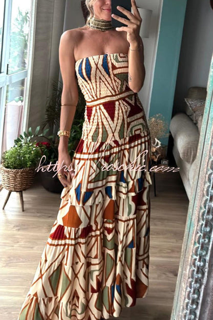 Style Unique Print Tube Top Pleated Maxi Dress