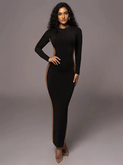 Autumn/winter Long Sleeve Hollow Out Split Dress for Bodycon Elastic Tight Maxi Dress Female Party Club Vestidos