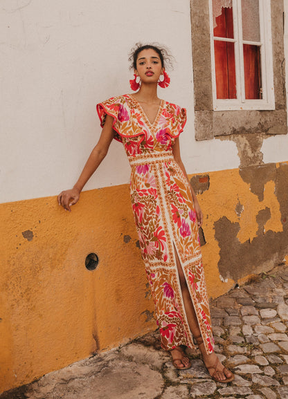 V-neck Ruffled Print Slit Long Dress