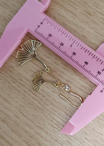 Ginkgo Leaf 14k Gold Zircon Drop Earrings