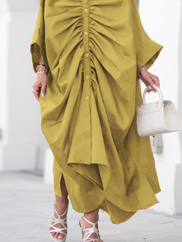 Long Sleeves Loose Buttoned Pleated Color Lapel Maxi Dresses Shirt Dress