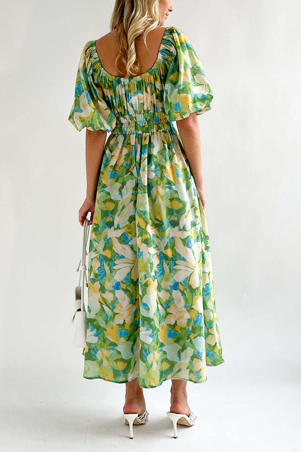 Square Neck Printed Puff Sleeve Long Dress