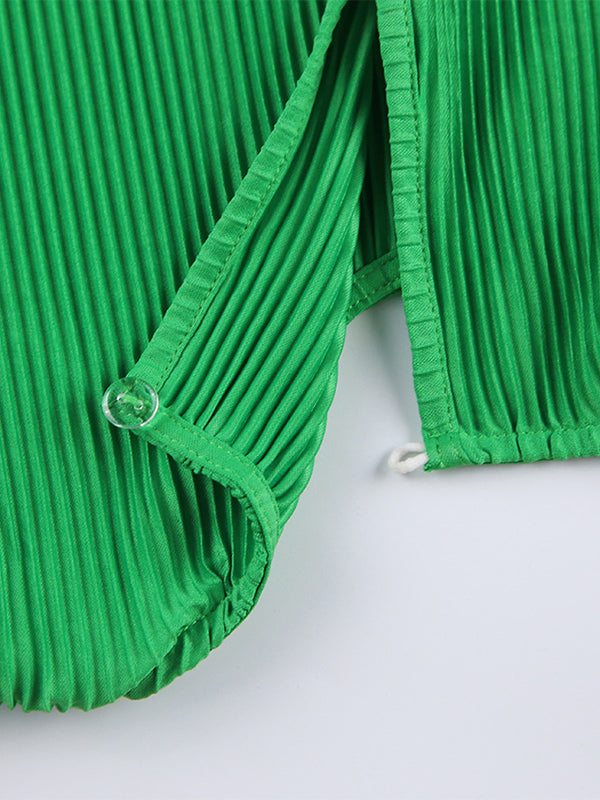 A-line Flared Sleeves High-waisted Pleated Color Zipper Round-neck Mini Dresses