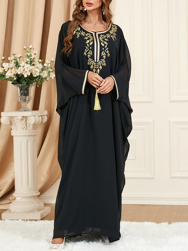 Batwing Sleeves Long Sleeves Embroidered Gauze Tasseled Round-neck Maxi Dresses