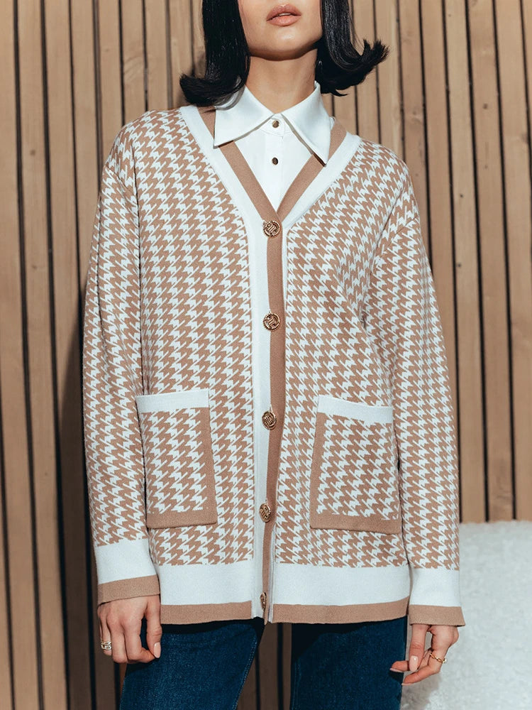 Houndstooth Knitted Cardigan Loose Pockets Oversized Sweater Knitwear Cardigans Femme