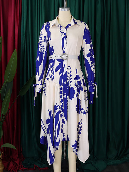 Irregular Clipping Long Sleeves Lace-up Pleated Printed Split-joint Tied Waist Lapel Maxi Dresses Shirt Dress