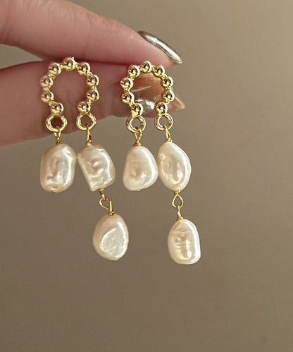 Beige Sterling Alloy Silver Pearl Tassel Drop Earrings