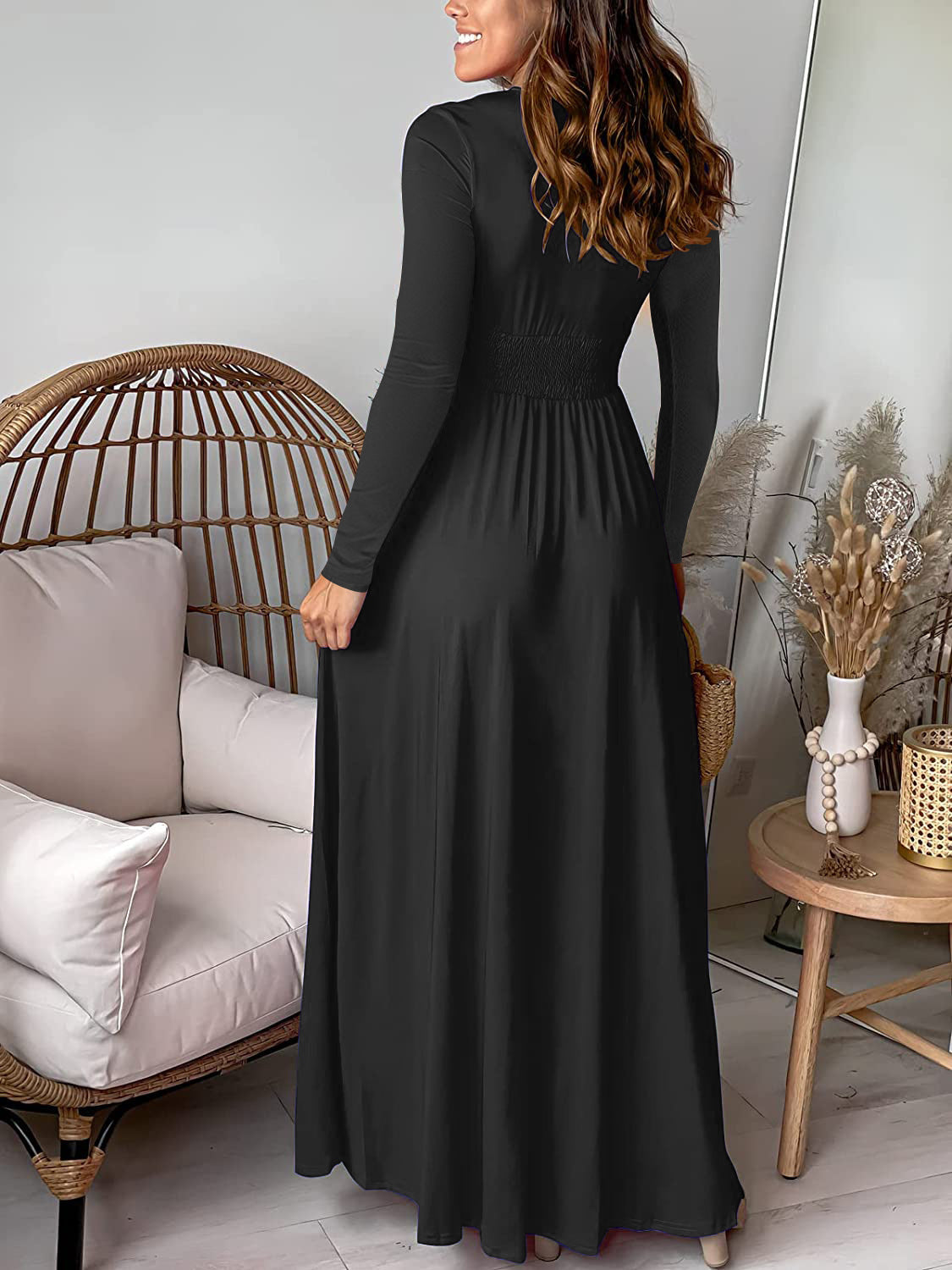 Slit V Neck Long Sleeves Maxi Dress