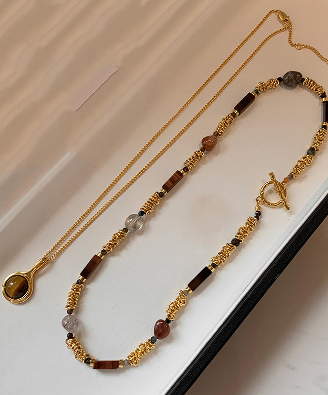 Gold Copper Overgild Tiger's-eye Beads Two-piece Set Pendant Necklace