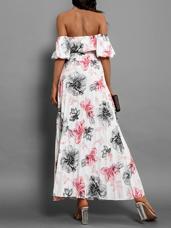 A-line Loose Elasticity Flower Print Pleated Split-joint Tied Waist Off-the-shoulder Maxi Dresses