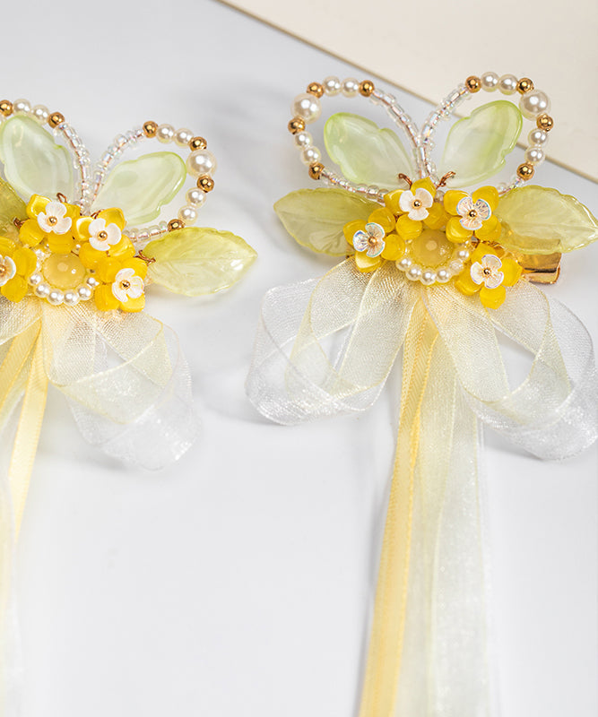 Vogue Yellow Chiffon Ribbon Pearl Colored Glaze Osmanthus Kids a Pair Hairpin
