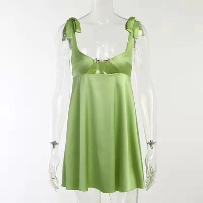 Bandage Satin Dress Party Backless Sleeveless Loose Dresses Hollow Out Mini Dress Woman New
