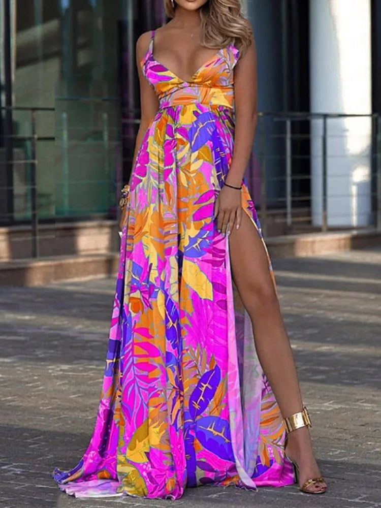 Color Print Spaghetti Strap Long Dresses Deep V-neck Backless Slit Dre – Cuddle Girls