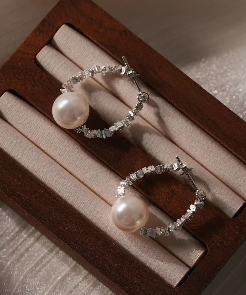 Diy Silk Copper Broken Silver Pearl Hoop Earrings