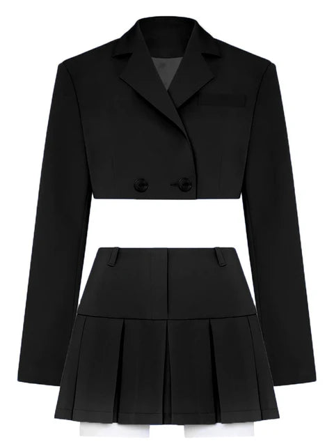 Black Blazer Sets Two Piece Cropped Blazer Jacket Coat and Mini Skirts Sets for Suit