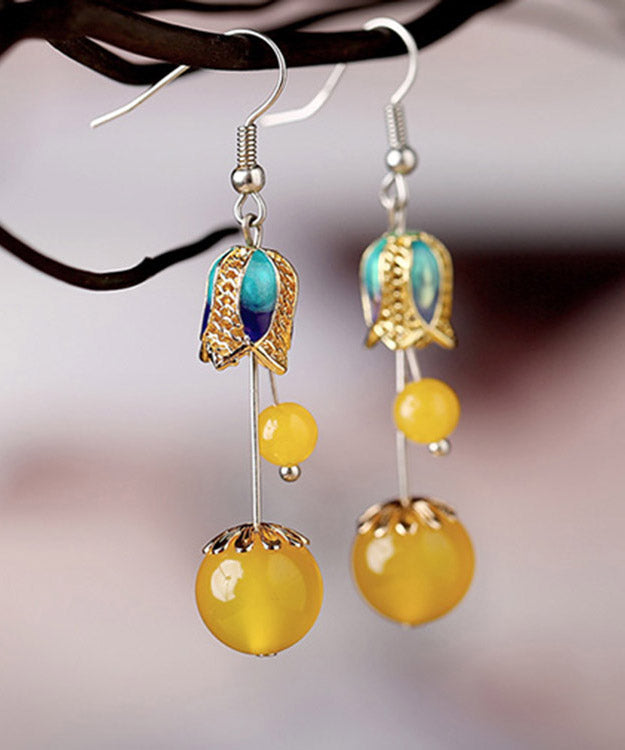 Skinny Yellow Jade Cloisonne Drop Earrings