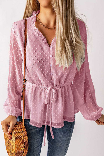 V-neck Button Tie Waist Polka Dot Blouse