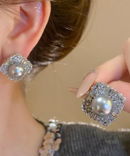 New Grey Alloy Pearl Zircon Stud Earrings
