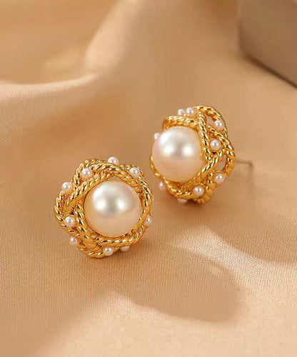 French Gold Copper Overgild Zircon Pearl Fried Dough Twist Stud Earrings