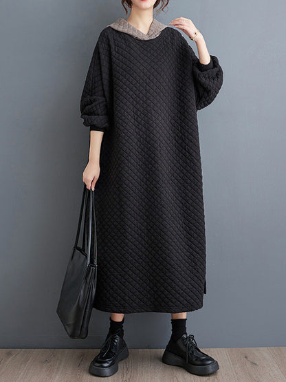 A-line Long Sleeves Hooded Quilted Split-side Midi Dresses