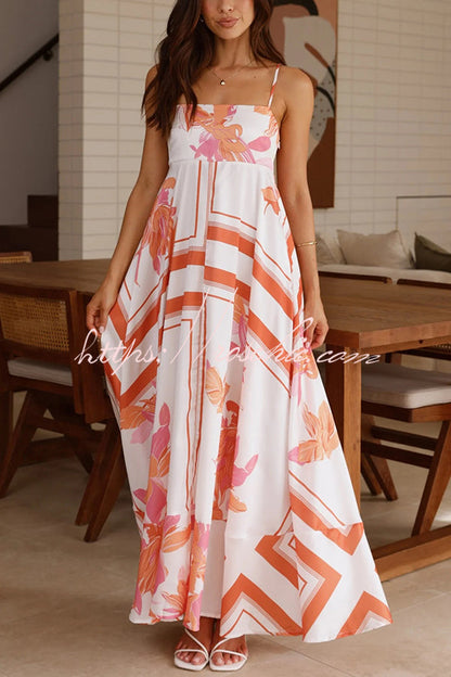 Botanical Print Halter Square Neck Pleated Loose Maxi Dress