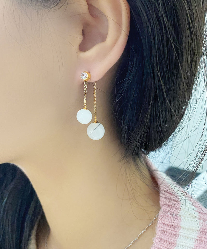Boutique White 14k Gold Jade Zircon Tassel Drop Earrings
