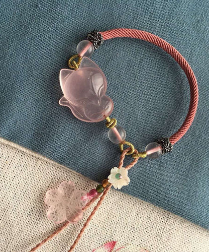 Pink Hand Knitting Crystal Furong Stone Fox Charm Bracelet